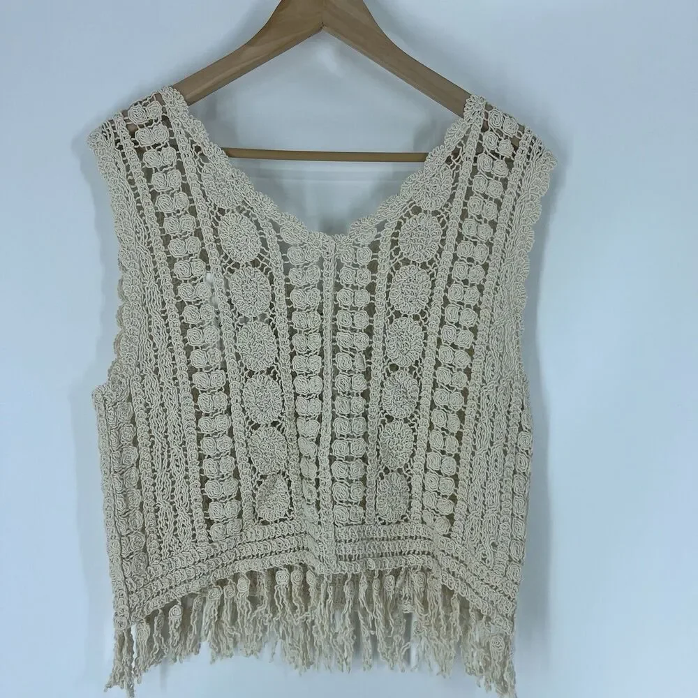Rebellion Vest Size Small Ivory Crochet Fringe Boho Hippie Festival Cottagecore - Picture 6 of 9